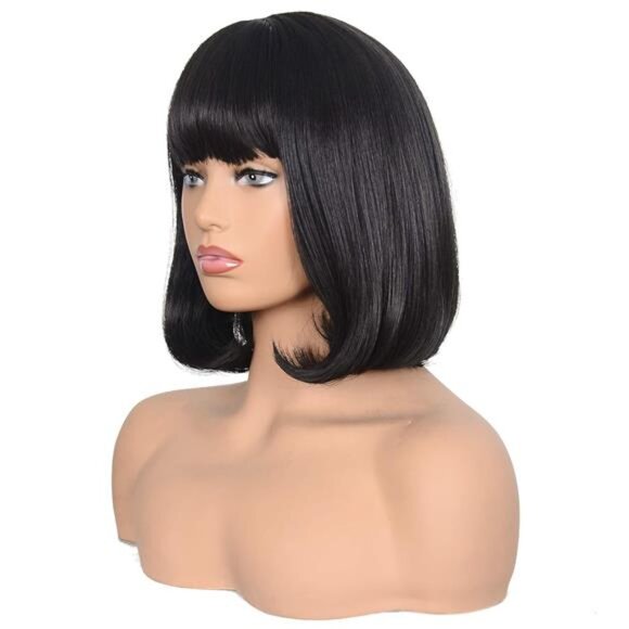 Short Straight Bob Wig Heat Resistant Hair with Blunt Bangs Natural - Picture 3 of 7